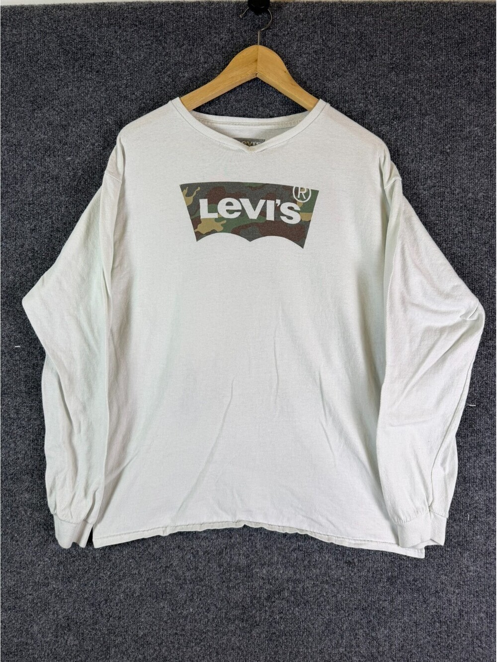 Levis Shirt Mens Large White Long Sleeve Camo Camouflage Batwing Logo Graphic